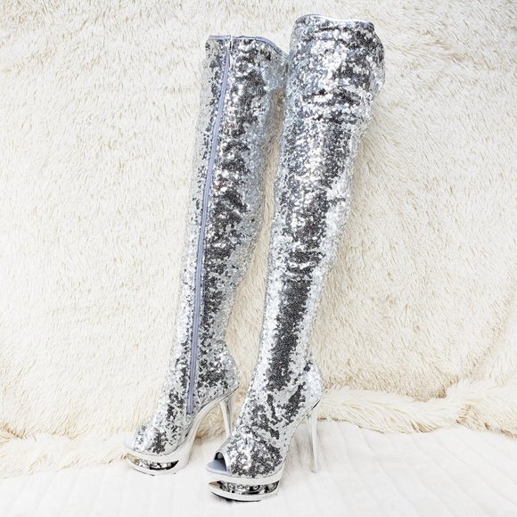 3011 Silver Sequin Open Toe Thigh High Heel Boots Blondie - Picture 10 of 15